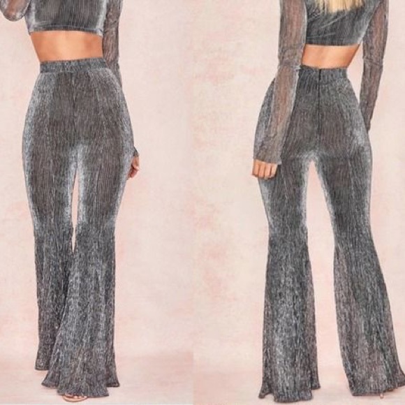 House of CB Pants - HOUSE OF CB Alexandra Lurex Silver Wide Leg Pants Trousers